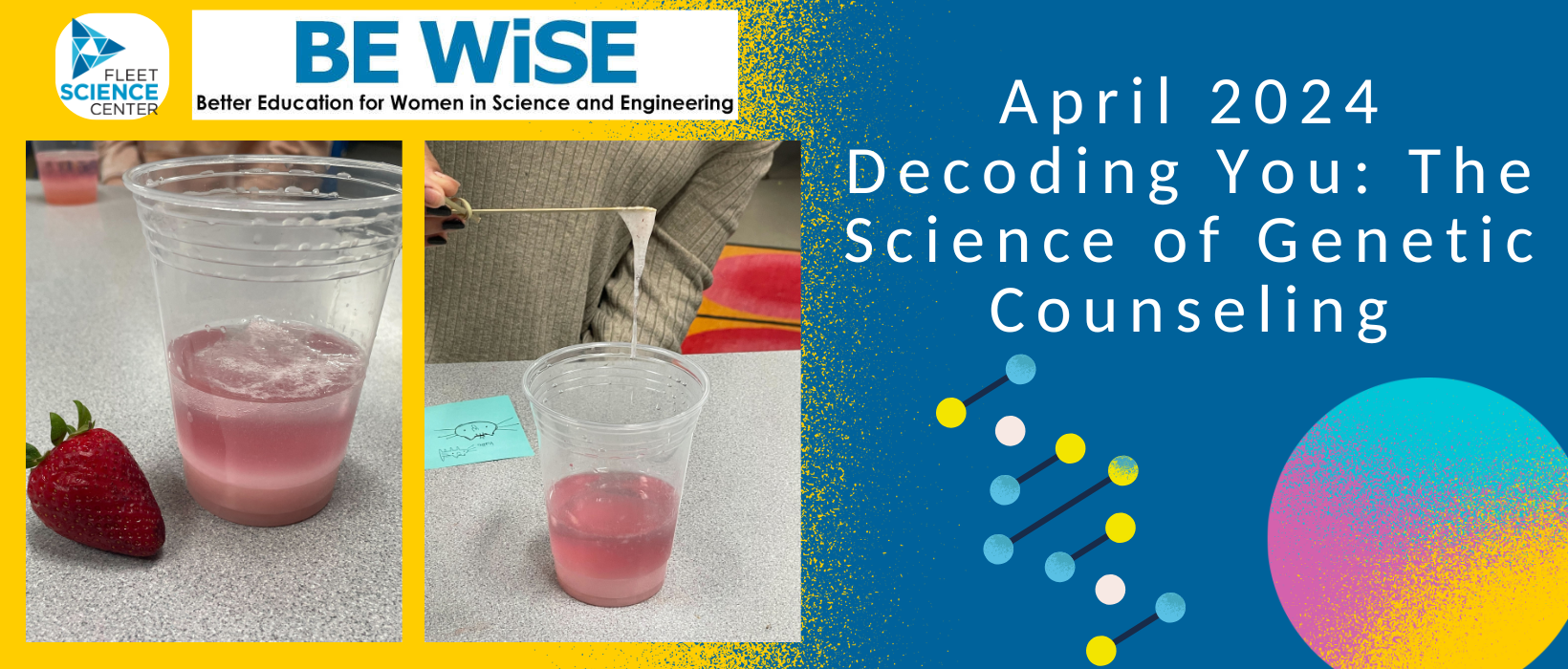 1 of 7, A bright pink liquid with a white film rests in a cup next to a strawberry in one image. In the next, the white film is being pulled from the cup, clumped on a toothpick; the DNA extracted from a strawberry. This activity was completed at the Center's 2024 BE WiSE session with the Fleet Science Center