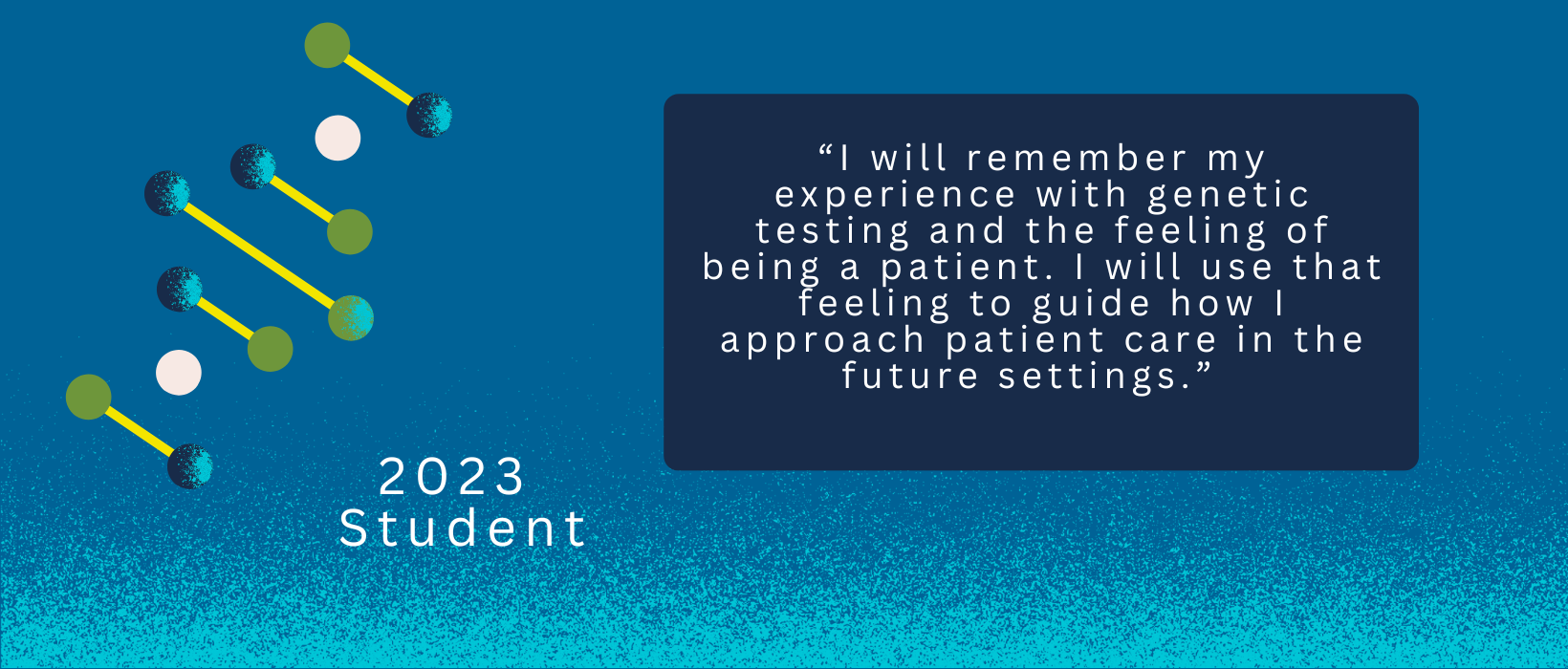 3 of 6, Quote from a 2023 Student: “I will remember my experience with genetic testing and the feeling of being a patient. I will use that feeling to guide how I approach patient care in the future settings.”