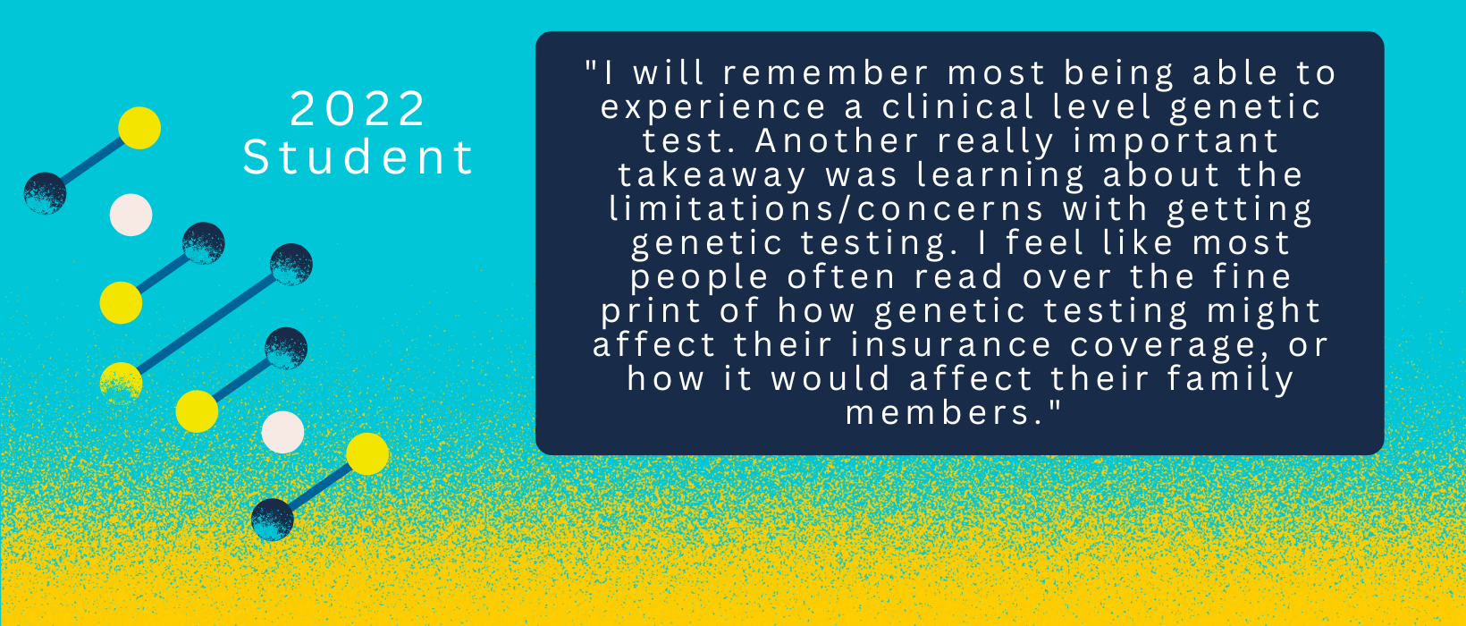 5 of 6, Quote from a 2022 Student: "I will remember most being able to experience a clinical level genetic test. Another really important takeaway was learning about the limitations/concerns with getting genetic testing. I feel like most people often read over the fine print of how genetic testing might affect their insurance coverage, or how it would affect their family members."