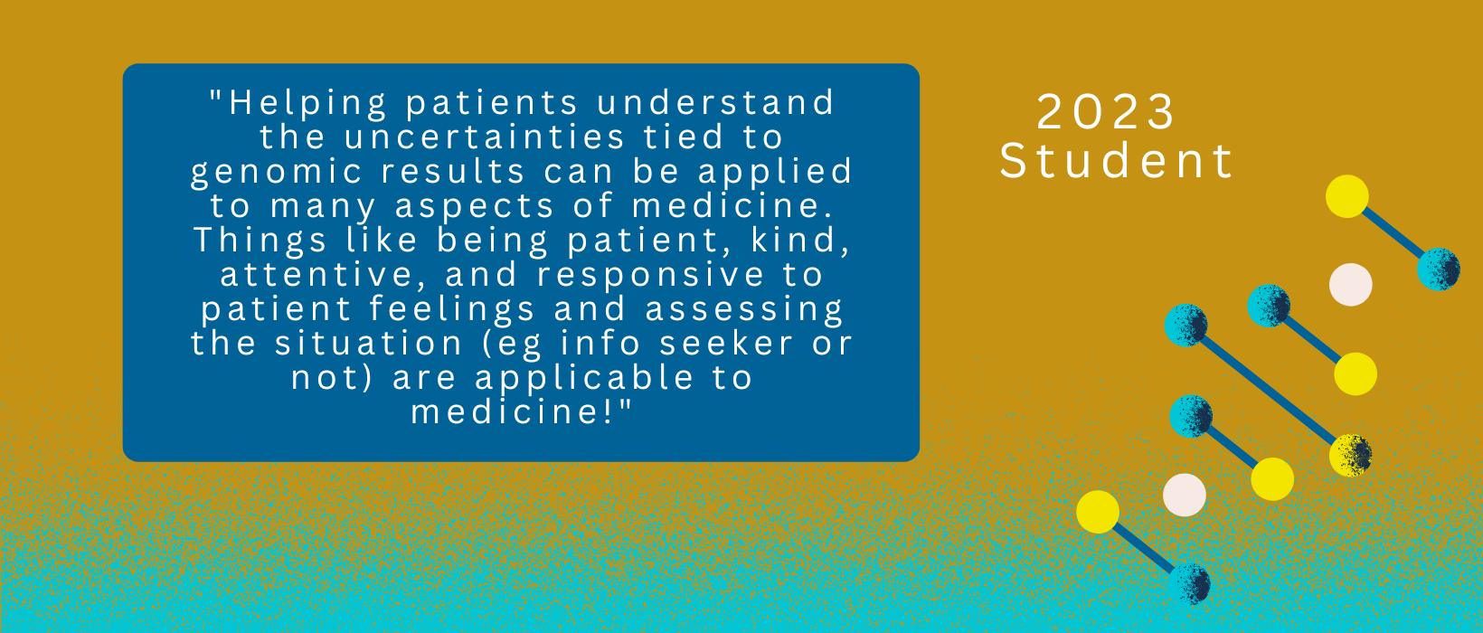 6 of 6, Quote from a 2024 Student: "Helping patients understand the uncertainties tied to genomic results can be applied to many aspects of medicine. Things like being patient, kind, attentive, and responsive to patient feelings and assessing the situation (eg info seeker or not) are applicable to medicine!"