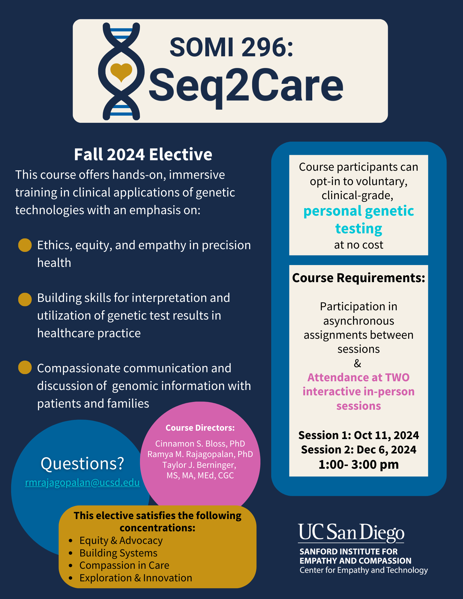 Flyer detailing the 2024 Seq2Care course offering. The course description is offered in writing below the flyer. The flyer also adds that the course will have two in-person sessions, one on October 11 and the other on December 6. Both sessions will take place from 1-3 pm.