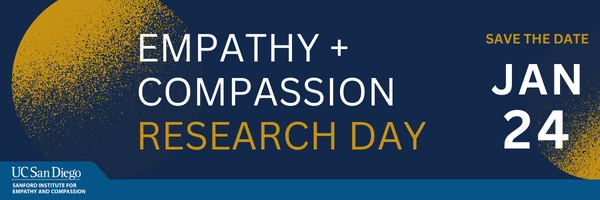 Navy and gold graphic background with overlaid text: "Empathy + Compassion Research Day; Save the date: Jan 24"